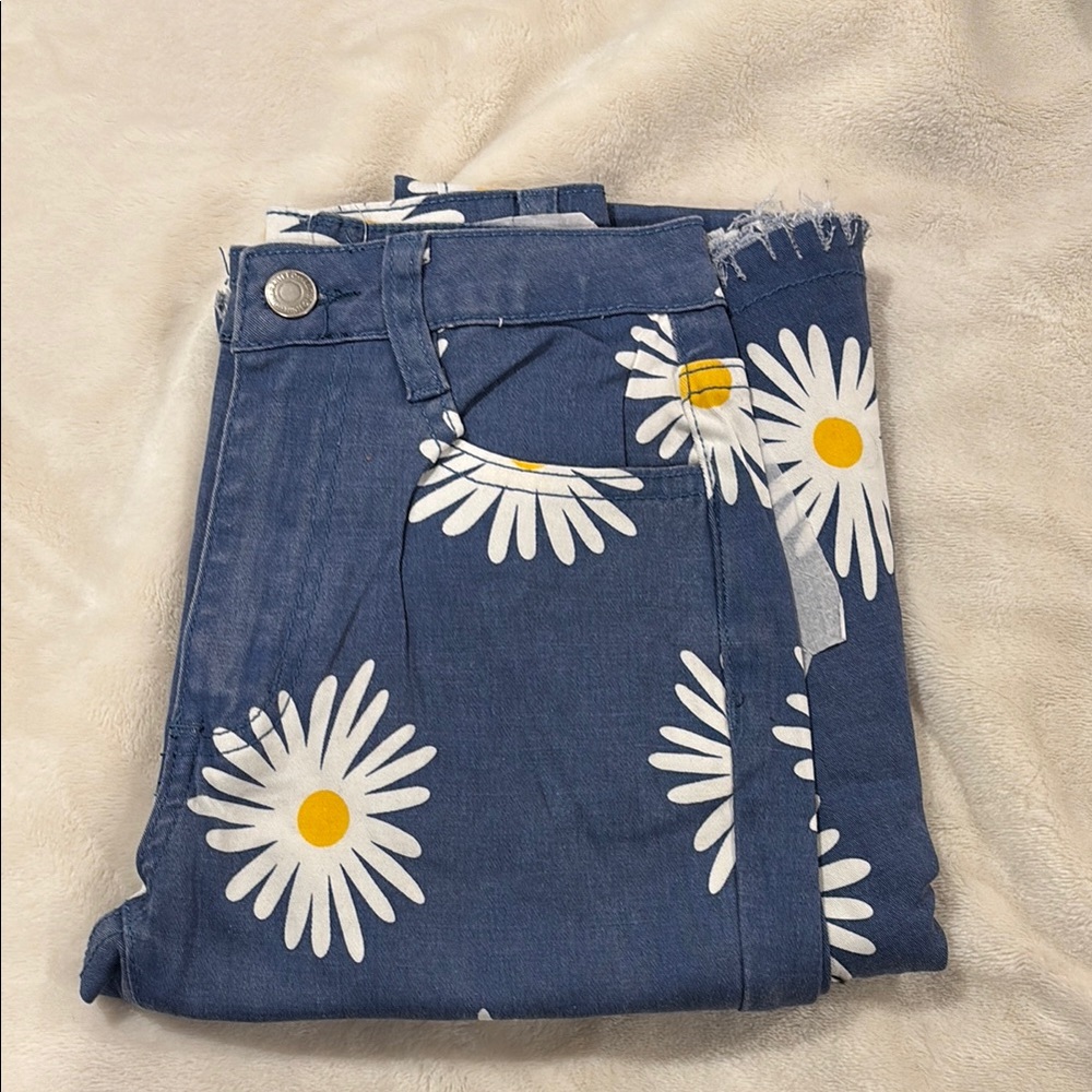 Altar'd State Blue Flare Wide Leg Jeans with Floral Print
